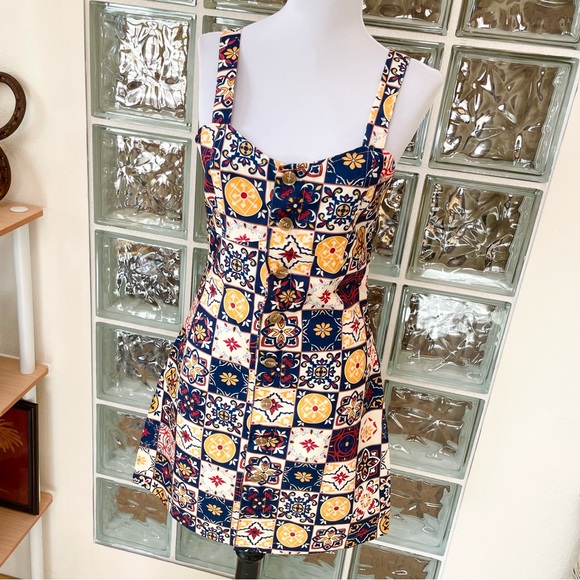 CIDER Retro 60s Patchwork Medallion Print Mod Mini A-Line Jumper Dress S - Picture 3 of 12